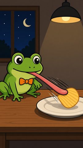 The frog grabs a chip off the plate